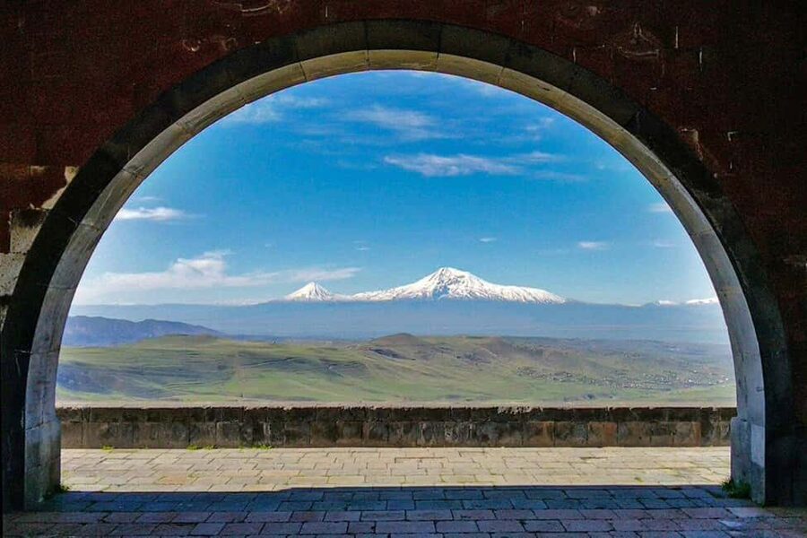 "Journey Through Time: Garni Temple and Geghard Monastery" - Yeghishe Charents Arch: starting with Ararat in your frame